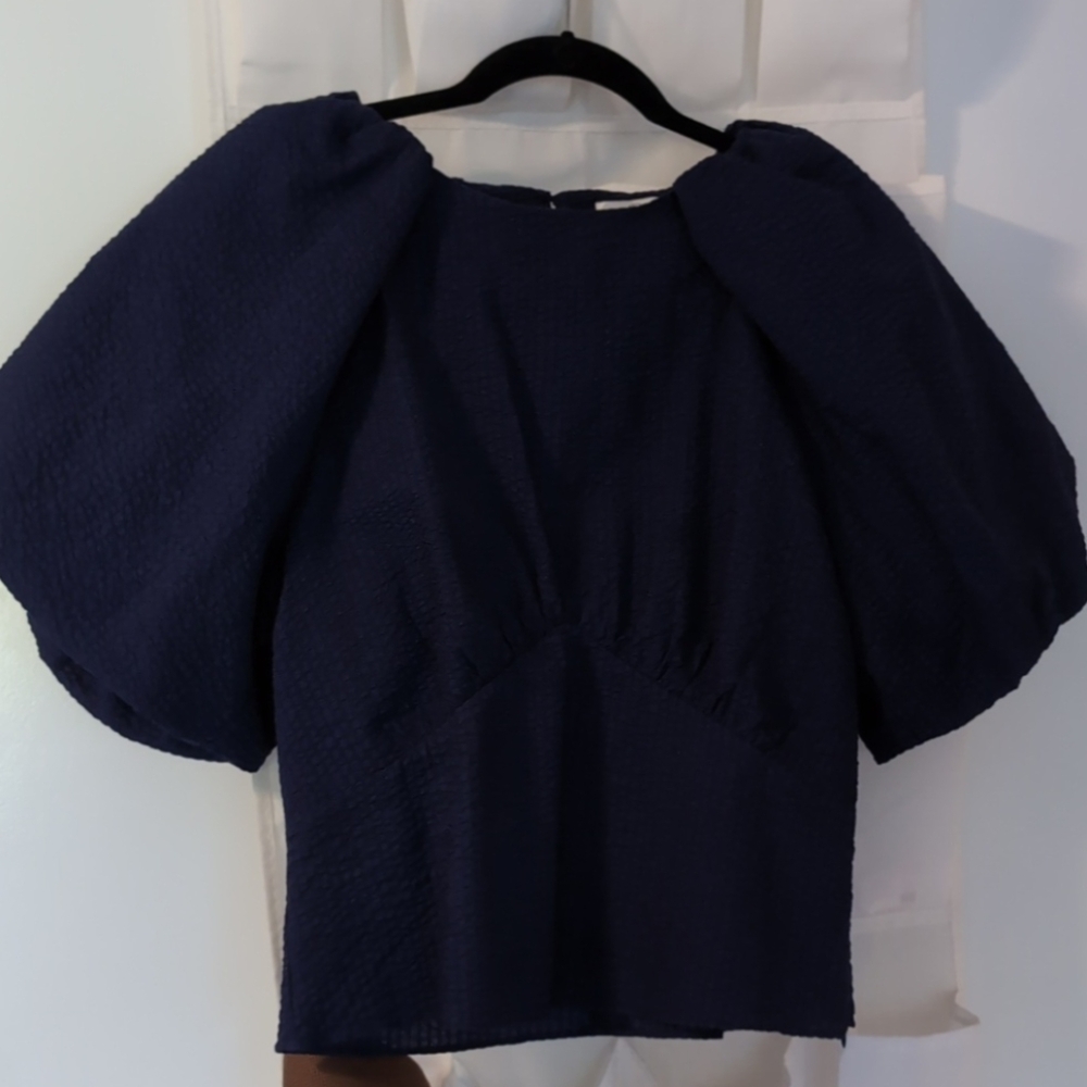 Pcill Navy Seersucker Balloon Sleeve Blouse NWT